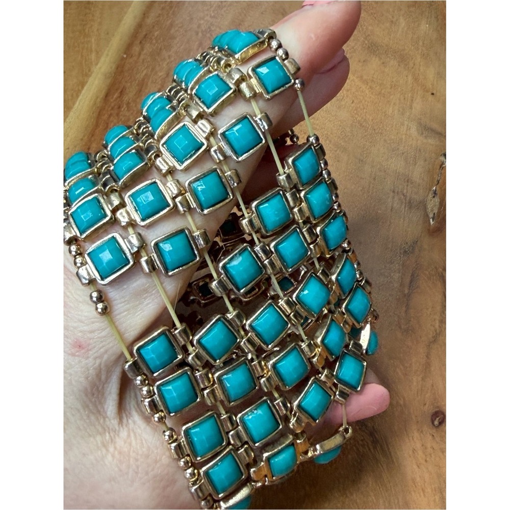 Western Boho Faux Turquoise Gold-Tone Stretch Cuff Bracelet VGUC - Picture 8 of 9